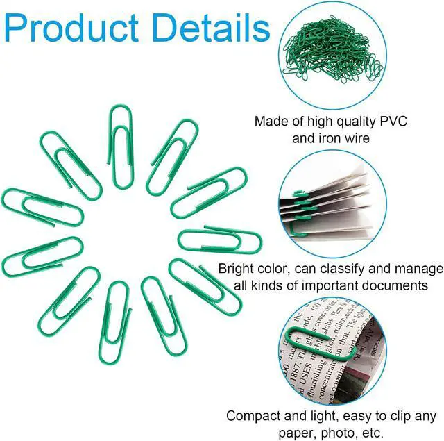 Alt view image 4 of 5 - 200 Pack Paper Clips 1.1 Inch (28mm) Small Assorted Colored, Green | Office Clips, For Bookmark Organize, Home Office School