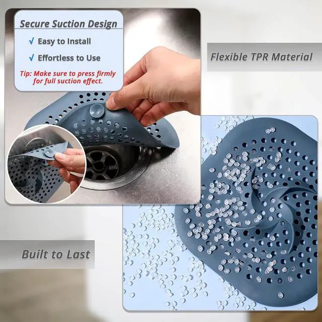 Alt view image 3 of 6 - 5.9" Square Drain Cover with Suction Cups, Hair Catcher, 4 Pack | For Shower, Bathroom & Sink, Flat Design with Suction Cups, Helps Keep Drains Clear