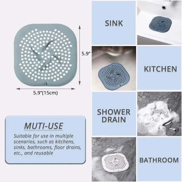 Alt view image 2 of 6 - 5.9" Square Drain Cover with Suction Cups, Hair Catcher, 4 Pack | For Shower, Bathroom & Sink, Flat Design with Suction Cups, Helps Keep Drains Clear