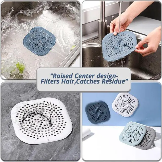 Alt view image 4 of 6 - 5.9" Square Drain Cover with Suction Cups, Hair Catcher, 4 Pack | For Shower, Bathroom & Sink, Flat Design with Suction Cups, Helps Keep Drains Clear