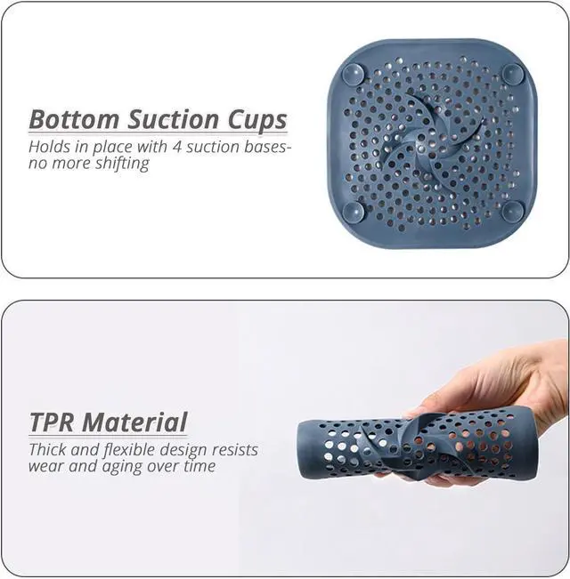 Alt view image 6 of 6 - 5.9" Square Drain Cover with Suction Cups, Hair Catcher, 4 Pack | For Shower, Bathroom & Sink, Flat Design with Suction Cups, Helps Keep Drains Clear