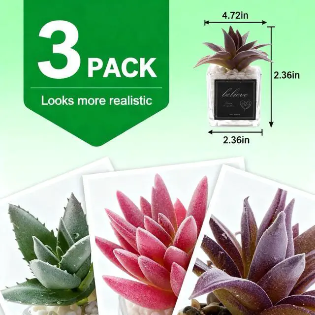 Alt view image 5 of 6 - 3 Pack Fake Plants Mini Artificial Greenery, Faux Plants in Glass Pots, Small Artificial Plants for Bedroom Aesthetic Living Room Office Shelf Bathroom Decor