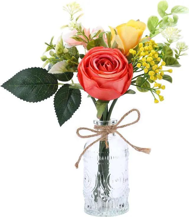 Main image of AFRITEE Artificial Flowers with Small Vase - Orange Potted Fall Rose Floral Arrangements Artificial with Small Vase for Home Living Office Wedding Coffee Centerpiece Table