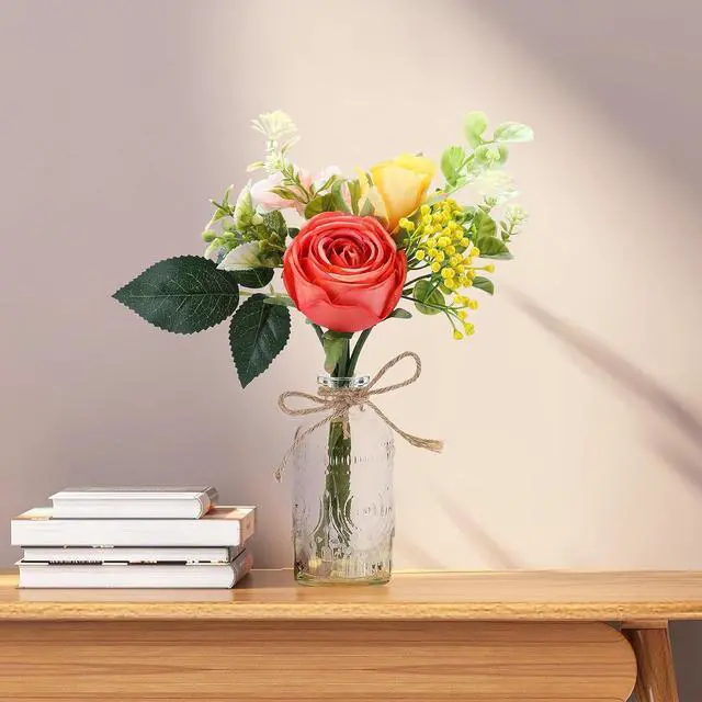 Alt view image 2 of 7 - AFRITEE Artificial Flowers with Small Vase - Orange Potted Fall Rose Floral Arrangements Artificial with Small Vase for Home Living Office Wedding Coffee Centerpiece Table