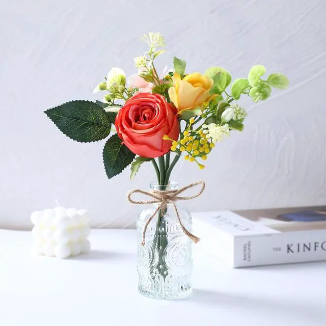 Alt view image 4 of 7 - AFRITEE Artificial Flowers with Small Vase - Orange Potted Fall Rose Floral Arrangements Artificial with Small Vase for Home Living Office Wedding Coffee Centerpiece Table