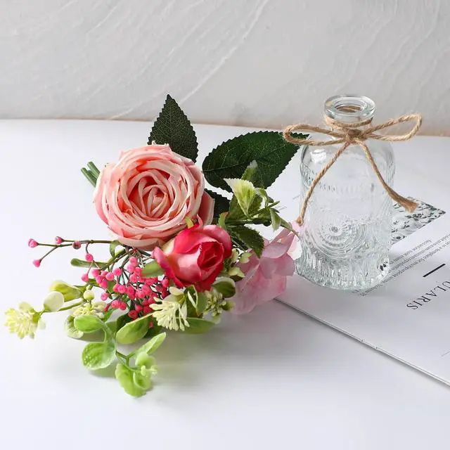 Alt view image 5 of 7 - AFRITEE Artificial Flowers with Small Vase - Orange Potted Fall Rose Floral Arrangements Artificial with Small Vase for Home Living Office Wedding Coffee Centerpiece Table