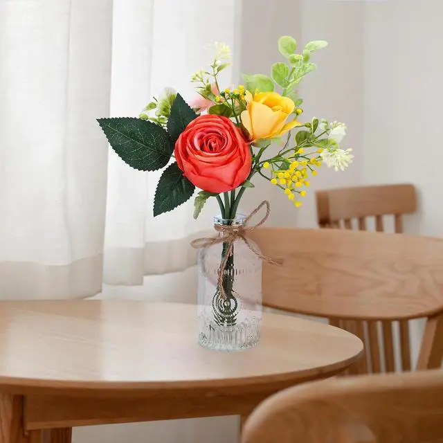 Alt view image 3 of 7 - AFRITEE Artificial Flowers with Small Vase - Orange Potted Fall Rose Floral Arrangements Artificial with Small Vase for Home Living Office Wedding Coffee Centerpiece Table