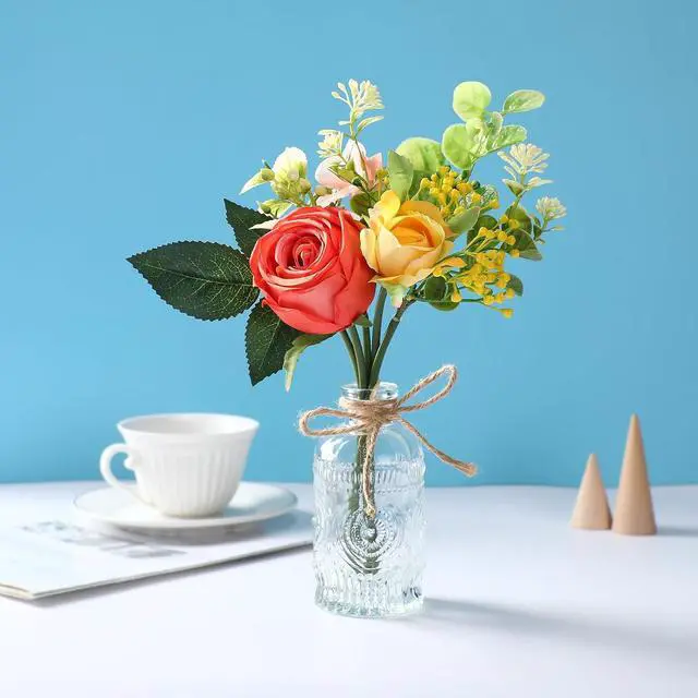 Alt view image 6 of 7 - AFRITEE Artificial Flowers with Small Vase - Orange Potted Fall Rose Floral Arrangements Artificial with Small Vase for Home Living Office Wedding Coffee Centerpiece Table