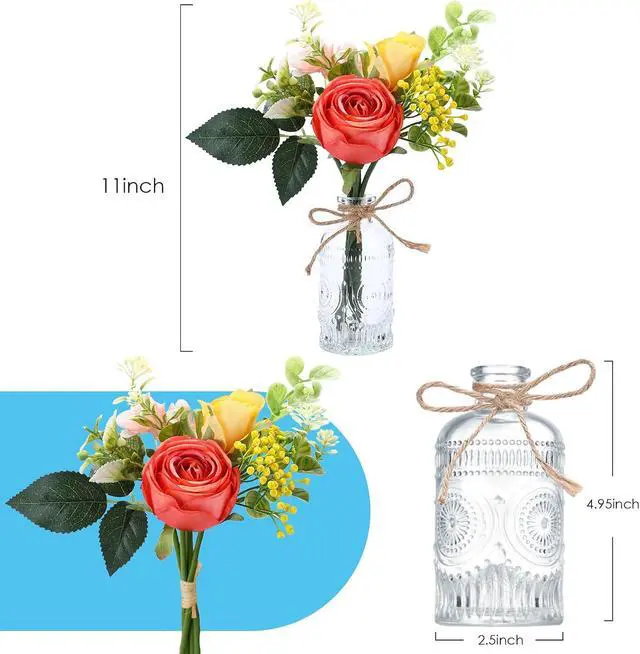 Alt view image 7 of 7 - AFRITEE Artificial Flowers with Small Vase - Orange Potted Fall Rose Floral Arrangements Artificial with Small Vase for Home Living Office Wedding Coffee Centerpiece Table