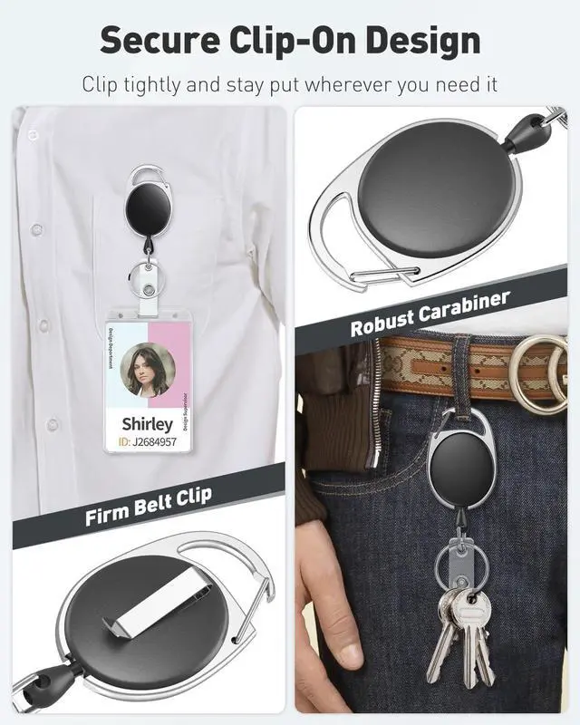 Alt view image 4 of 7 - Uniclife 2 Pcs Retractable Badge Reel Keychain Clip for Badge Holder Black | Heavy Duty, Strong ABS, Stainless Steel Spring Coil, 24 Inch Nylon Rope, Carabiner Clip, Key Ring, Retractable Key Chain
