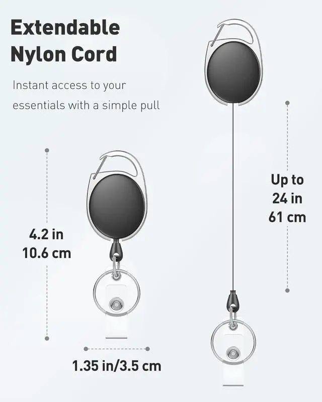 Alt view image 6 of 7 - Uniclife 2 Pcs Retractable Badge Reel Keychain Clip for Badge Holder Black | Heavy Duty, Strong ABS, Stainless Steel Spring Coil, 24 Inch Nylon Rope, Carabiner Clip, Key Ring, Retractable Key Chain
