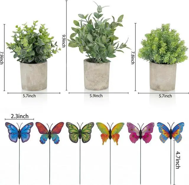 Alt view image 2 of 7 - 3 Pack Mini Artificial Potted Plants Fake Eucalyptus, Boxwood & Rosemary with 6 Butterfly Stakes | Small Faux Plants for Shelf, Desk, Bathroom, Office & Farmhouse Home Decor