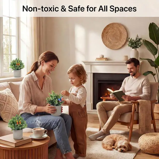 Alt view image 3 of 7 - 3 Pack Mini Artificial Potted Plants Fake Eucalyptus, Boxwood & Rosemary with 6 Butterfly Stakes | Small Faux Plants for Shelf, Desk, Bathroom, Office & Farmhouse Home Decor