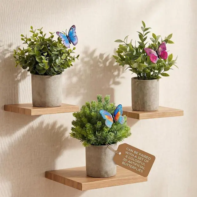 Main image of 3 Pack Mini Artificial Potted Plants Fake Eucalyptus, Boxwood & Rosemary with 6 Butterfly Stakes | Small Faux Plants for Shelf, Desk, Bathroom, Office & Farmhouse Home Decor