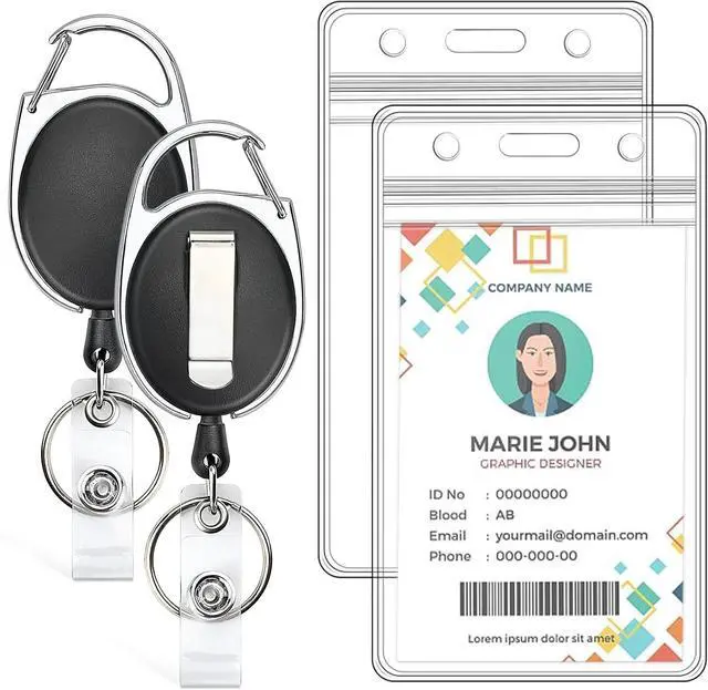 Main image of 2 Pack Vertical ID Badge Holder with Retractable Badge Reel | Clear ID Card Holder with Heavy Duty Carabiner Badge Reel with 24 Inches Pull Cord