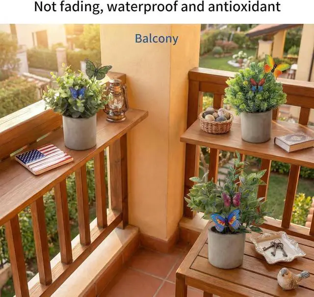 Alt view image 5 of 7 - 3 Pack Mini Artificial Potted Plants Fake Eucalyptus, Boxwood & Rosemary with 6 Butterfly Stakes | Small Faux Plants for Shelf, Desk, Bathroom, Office & Farmhouse Home Decor