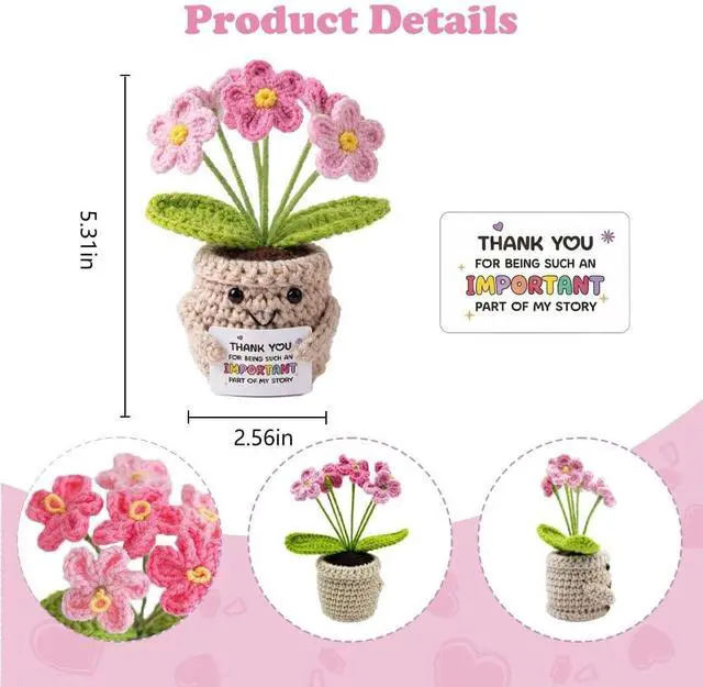 Alt view image 4 of 6 - Crochet Positive Flowers Potted Plants, Fake Forget Me Not Flowers Doll | GPink for Friends, Family and Lover, Artificial Handmade Flowers for Valentines Birthday Wedding Gift and Home Decor