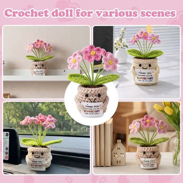 Alt view image 5 of 6 - Crochet Positive Flowers Potted Plants, Fake Forget Me Not Flowers Doll | GPink for Friends, Family and Lover, Artificial Handmade Flowers for Valentines Birthday Wedding Gift and Home Decor