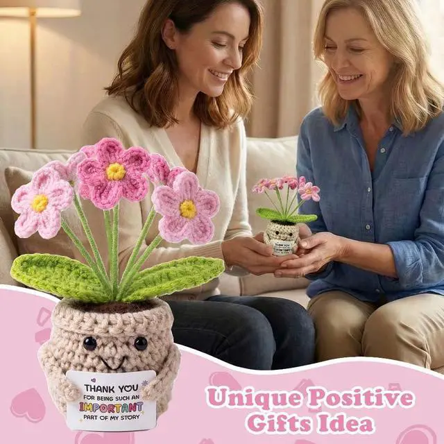 Alt view image 6 of 6 - Crochet Positive Flowers Potted Plants, Fake Forget Me Not Flowers Doll | GPink for Friends, Family and Lover, Artificial Handmade Flowers for Valentines Birthday Wedding Gift and Home Decor