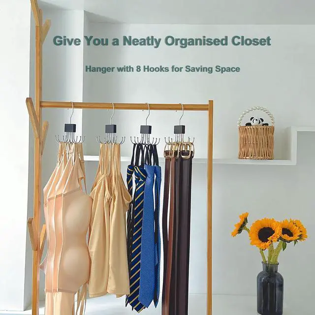 Alt view image 2 of 7 - 4 Pack Tank Top Hanger,Bra Hangers for Closet Organizer | Wooden Bra Storage Organizer with 8 Rotatable Metal Hooks for Space Saving,Foldable Bras Holder for Belts,Tank Tops (Black)