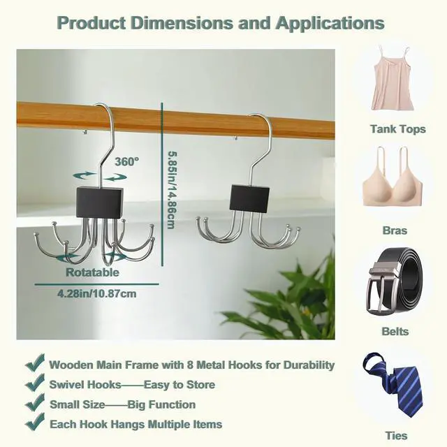 Alt view image 3 of 7 - 4 Pack Tank Top Hanger,Bra Hangers for Closet Organizer | Wooden Bra Storage Organizer with 8 Rotatable Metal Hooks for Space Saving,Foldable Bras Holder for Belts,Tank Tops (Black)