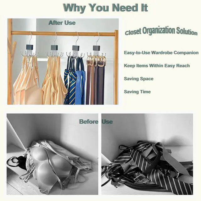 Alt view image 4 of 7 - 4 Pack Tank Top Hanger,Bra Hangers for Closet Organizer | Wooden Bra Storage Organizer with 8 Rotatable Metal Hooks for Space Saving,Foldable Bras Holder for Belts,Tank Tops (Black)