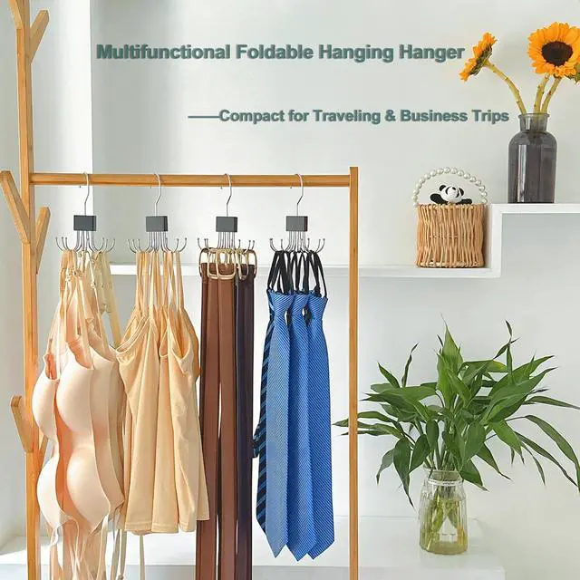 Alt view image 7 of 7 - 4 Pack Tank Top Hanger,Bra Hangers for Closet Organizer | Wooden Bra Storage Organizer with 8 Rotatable Metal Hooks for Space Saving,Foldable Bras Holder for Belts,Tank Tops (Black)