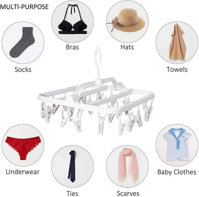 Alt view image 2 of 6 - Foldable Clip Hangers with 26 Drying Clips, Underwear Hanger with Clips, Plastic Laundry Clip and Drip Drying Hanger for Socks, Bras, Lingerie, Clothes, Sturdy, White