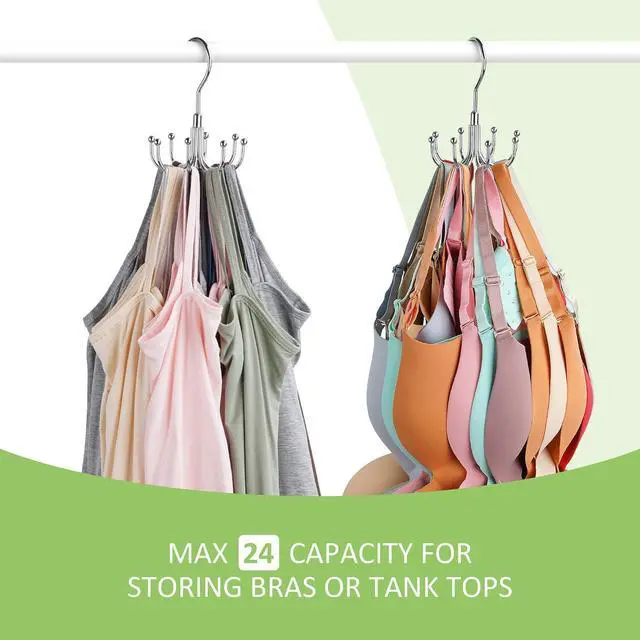 Alt view image 2 of 7 - Tank Top Hanger, Rotating Bra Organizer for Closet, Holds 24 Bras, Silver | Sturdy Metal Sports Bras Holder with 8 Hooks, Holds Up to 24 Garments, Hanging Space-Saving Closet Organizer and Storage