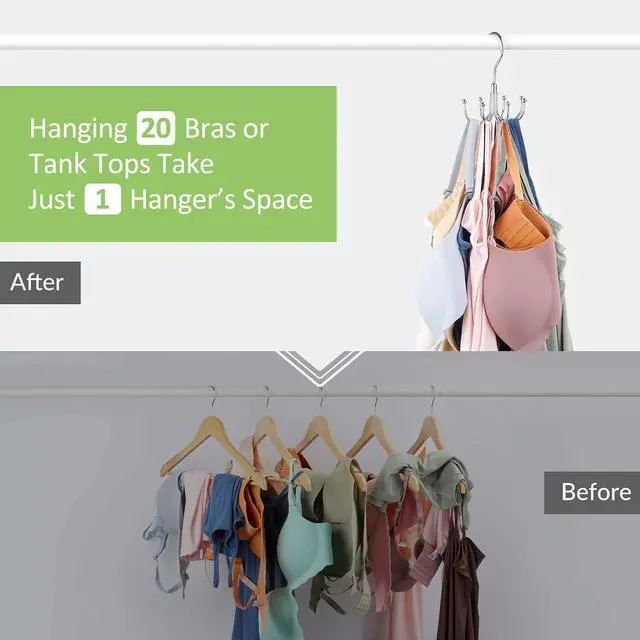 Alt view image 3 of 7 - Tank Top Hanger, Rotating Bra Organizer for Closet, Holds 24 Bras, Silver | Sturdy Metal Sports Bras Holder with 8 Hooks, Holds Up to 24 Garments, Hanging Space-Saving Closet Organizer and Storage