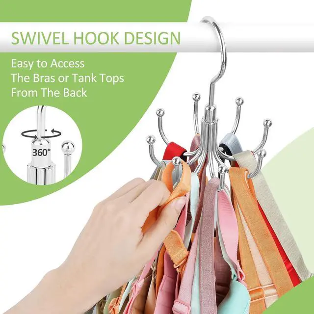 Alt view image 7 of 7 - Tank Top Hanger, Rotating Bra Organizer for Closet, Holds 24 Bras, Silver | Sturdy Metal Sports Bras Holder with 8 Hooks, Holds Up to 24 Garments, Hanging Space-Saving Closet Organizer and Storage