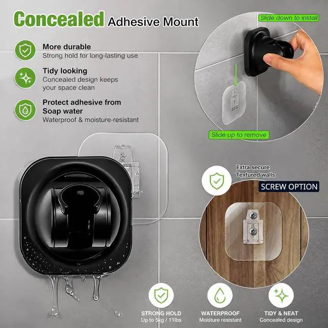 Alt view image 3 of 7 - Handheld Shower Head Holder - 5 Positions Adjustable - Concealed Adhesive Mount with Screw Option- Bathroom Wall Mount Shower Hose Holder (Matte Black)