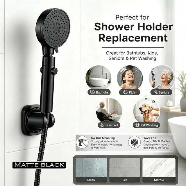 Alt view image 2 of 7 - Handheld Shower Head Holder - 5 Positions Adjustable - Concealed Adhesive Mount with Screw Option- Bathroom Wall Mount Shower Hose Holder (Matte Black)