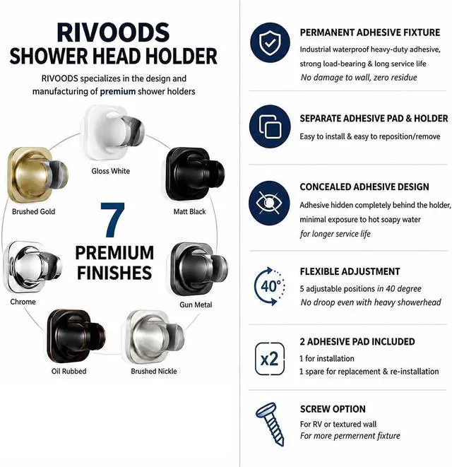 Alt view image 6 of 7 - Handheld Shower Head Holder - 5 Positions Adjustable - Concealed Adhesive Mount with Screw Option- Bathroom Wall Mount Shower Hose Holder (Matte Black)
