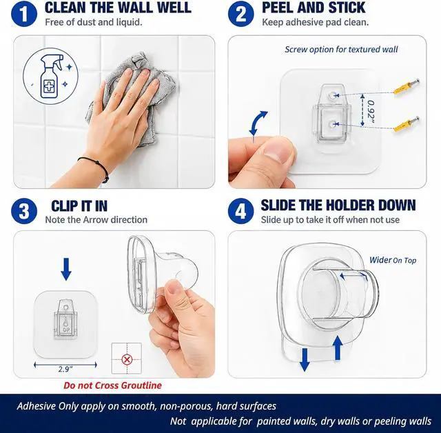 Alt view image 7 of 7 - Handheld Shower Head Holder - 5 Positions Adjustable - Concealed Adhesive Mount with Screw Option- Bathroom Wall Mount Shower Hose Holder (Matte Black)