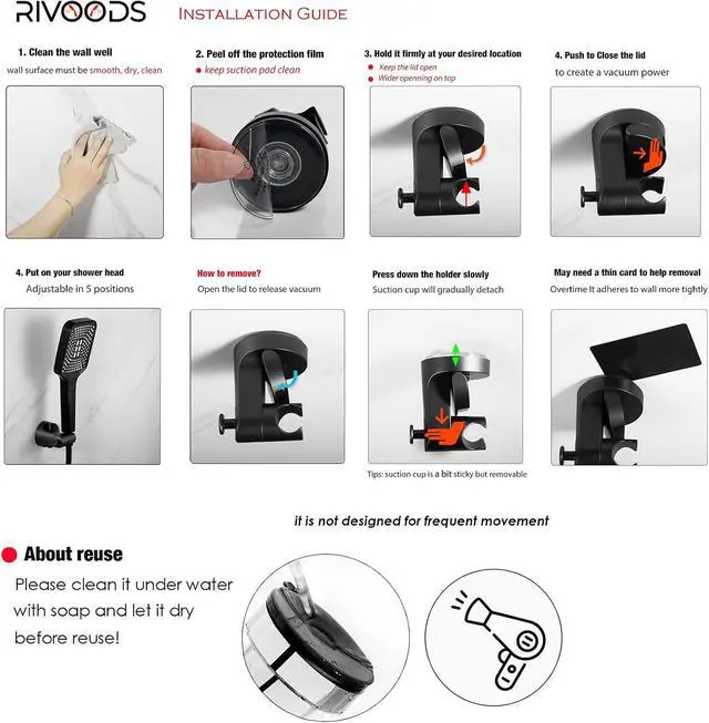 Alt view image 6 of 6 - Hand held Showerhead Holder Wall Mounted - Wide Anlge Adustable - Bathroom Suction Cup Shower Hose Holder (Matte Black)