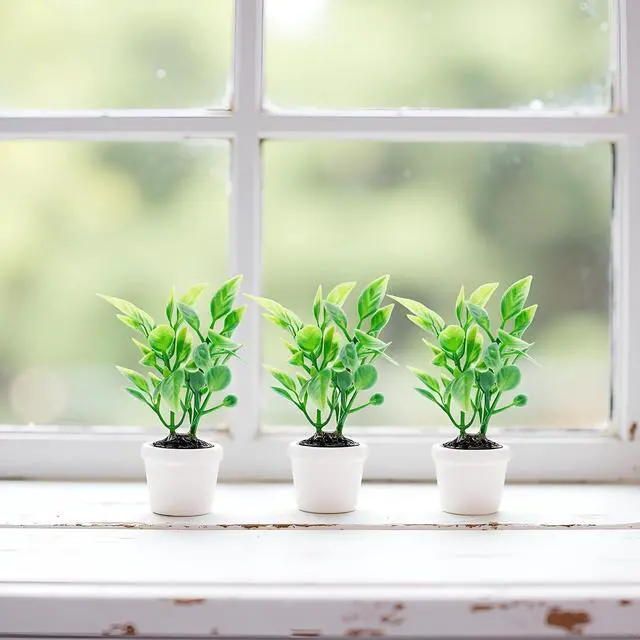 Alt view image 7 of 7 - 2Pcs Green Miniature Plants Dollhouse Decoration Accessories, Mini Potted Plant Artificial Tiny Greenery Ornament Miniature Hanging Potted Plant Faux Flower Model Decoration