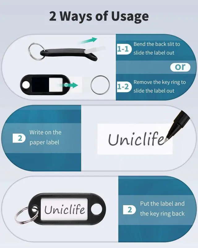 Alt view image 5 of 6 - Uniclife 10 Pieces Key Tags 2 Inch Soft Plastic Key Chain Tags with Blank Paper Labels Clear Windows Protective Films and Split Rings Flexible Item Identifiers, Black