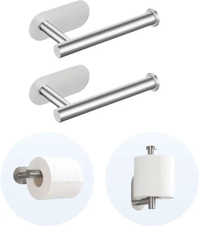 Main image of 2 Packs Toilet Paper Holder No-Drill Self-Adhesive Towel Rack Stainless Steel Waterproof Rustproof Roll Paper Holder for Bathroom Washroom RVs (Brushed Silver)