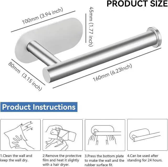 Alt view image 2 of 7 - 2 Packs Toilet Paper Holder No-Drill Self-Adhesive Towel Rack Stainless Steel Waterproof Rustproof Roll Paper Holder for Bathroom Washroom RVs (Brushed Silver)