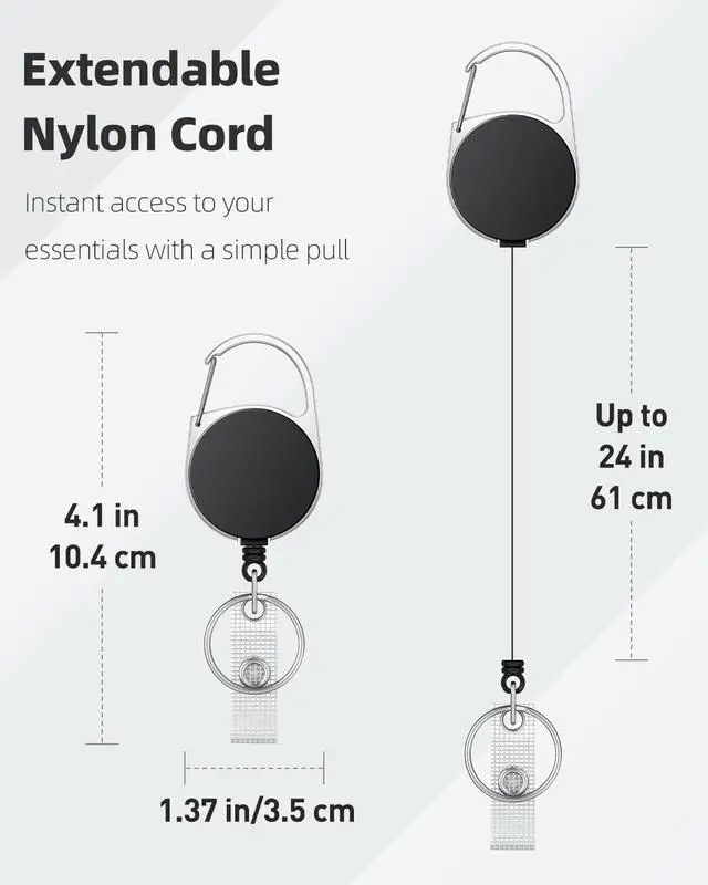 Alt view image 2 of 7 - Uniclife 2 Pack Retractable Keychain, Retractable Badge Reel, Heavy Duty Badge Holder Clip for Keys and ID Card, Black Key Chain Extender with Carabiner Belt Swivel Clip and Key Ring