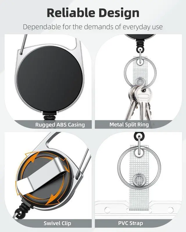 Alt view image 3 of 7 - Uniclife 2 Pack Retractable Keychain, Retractable Badge Reel, Heavy Duty Badge Holder Clip for Keys and ID Card, Black Key Chain Extender with Carabiner Belt Swivel Clip and Key Ring