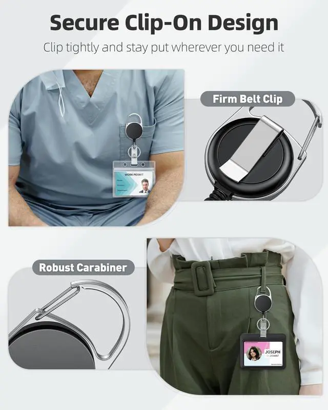 Alt view image 6 of 7 - Uniclife 2 Pack Retractable Keychain, Retractable Badge Reel, Heavy Duty Badge Holder Clip for Keys and ID Card, Black Key Chain Extender with Carabiner Belt Swivel Clip and Key Ring