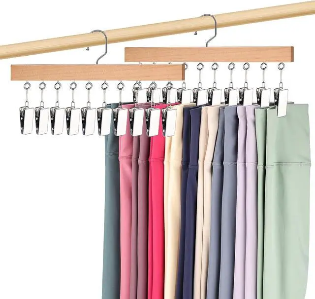 Main image of 2 Pack Legging Hanger for Closet, Non-Slip Clips, Holds 20 Leggings | Upgraded Wooden Leggings Hangers, 360° Rotatable & Space Saving, Designed for Yoga Pants, Socks, and Lightweight Clothing