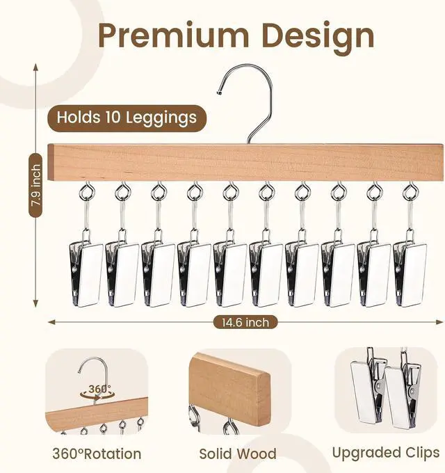 Alt view image 3 of 7 - 2 Pack Legging Hanger for Closet, Non-Slip Clips, Holds 20 Leggings | Upgraded Wooden Leggings Hangers, 360° Rotatable & Space Saving, Designed for Yoga Pants, Socks, and Lightweight Clothing