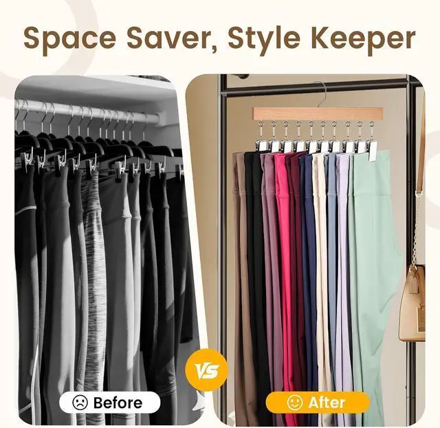 Alt view image 4 of 7 - 2 Pack Legging Hanger for Closet, Non-Slip Clips, Holds 20 Leggings | Upgraded Wooden Leggings Hangers, 360° Rotatable & Space Saving, Designed for Yoga Pants, Socks, and Lightweight Clothing