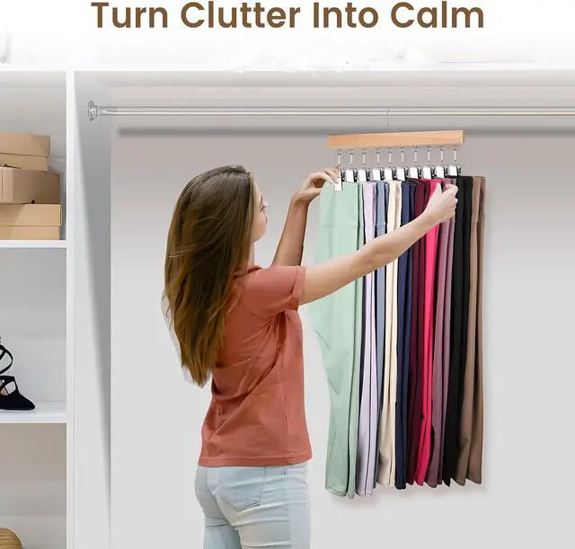 Alt view image 7 of 7 - 2 Pack Legging Hanger for Closet, Non-Slip Clips, Holds 20 Leggings | Upgraded Wooden Leggings Hangers, 360° Rotatable & Space Saving, Designed for Yoga Pants, Socks, and Lightweight Clothing
