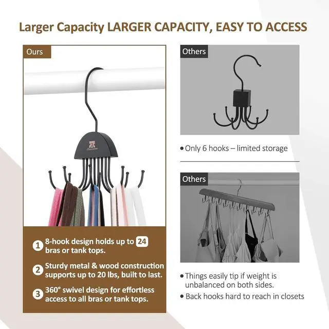 Alt view image 3 of 6 - ZEDODIER 2 Pack Tank Top Hanger, Bra Organizer for Closet, Holds 48 Bras | Wooden Sports Bra Holder with 16 Adjustable Hooks, 360° Rotating, Space-Saving Closet Storage for Apartments and Dorms