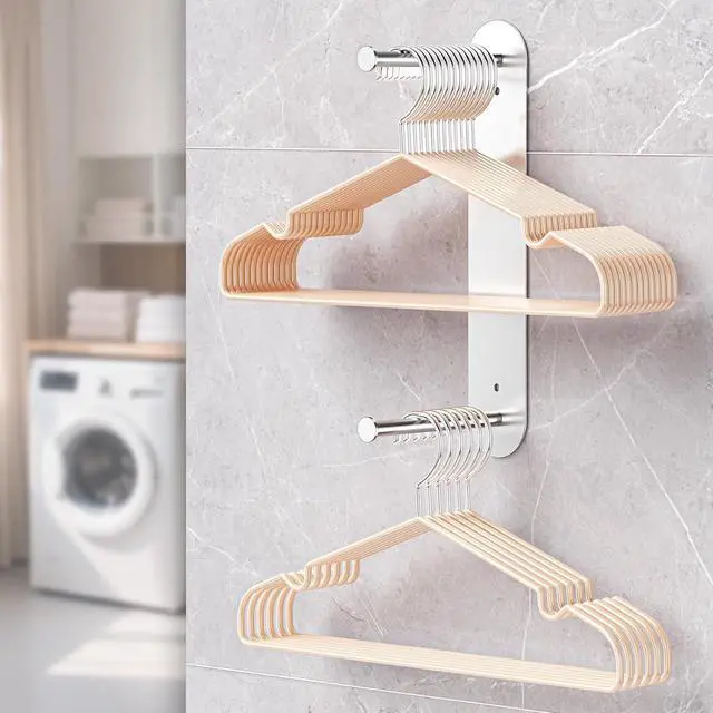 Alt view image 4 of 7 - Hanger Holder for Laundry Room, Wall Mounted Clothes Hanger Organizer Stacker, Metal Space Saving Hangers Storage Rack for Washing Machine Dryer (Silver, 1Pc)