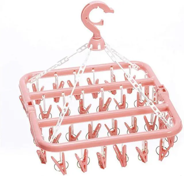 Main image of SteelFever Clothes Drying Hanger with 32 Clips, Foldable Hanging Drying Rack for Clothes Underwear Socks (Light Pink)